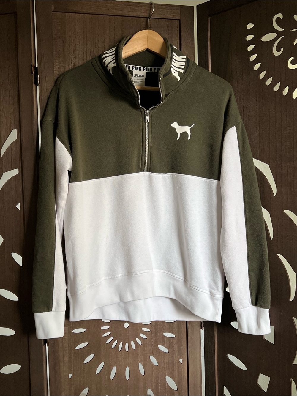 Victoria's Secret PINK Olive Green and White Half-Zip Sweater